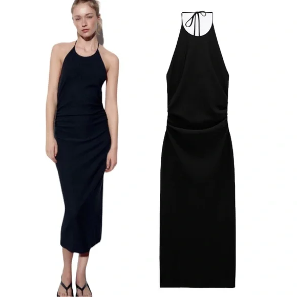 ZARA Pleated Halter Midi Dress - Picture 2 of 12